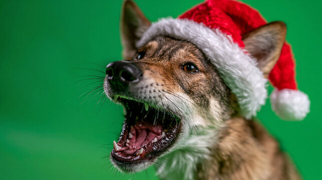Barking dog wearing a festive red santa hat on green background
