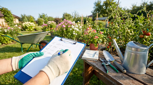 Gardener wearing protective work gloves checking off tasks on clipboard checklist at wooden potting bench in lush backyard vegetable garden with watering can tools wheelbarrow