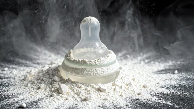 Slow motion close up of spilled baby milk powder formula on a dark surface with a silicone bottle teat lying in the center