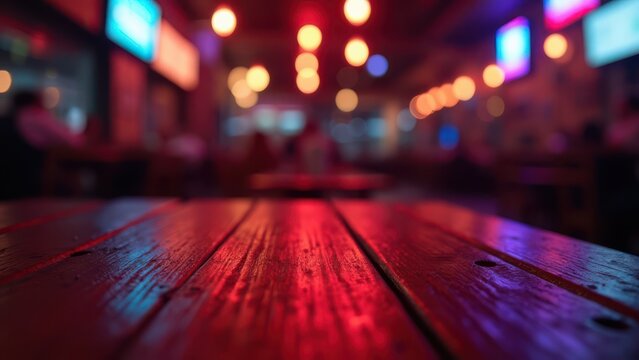 moody wooden table surface at night illuminated by vibrant neon bokeh for copy space and dramatic interior design concept