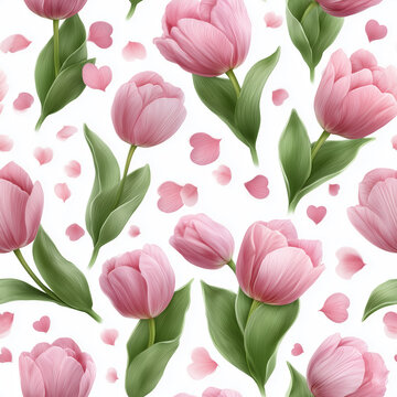 Seamless pattern with pink tulips and green leaves on white background. Delicate floral pattern with pink tulip flowers, green leaves and scattered petals on white background