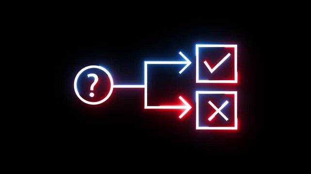 Neon glowing decision making chart with question mark branching into check and x boxes.