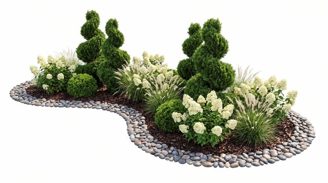 Landscape garden design with spiral topiaries and hydrangeas isolated