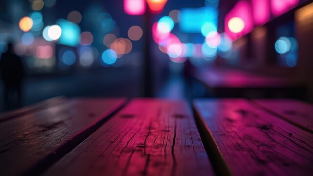 moody close up wooden table texture night bokeh city neon lights dramatic low key background copy space advertising retail mockup