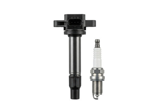 Ignition coil and spark plug isolated on white background
