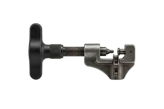 Metal bicycle chain breaker tool on white background