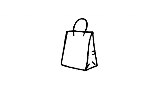 4K animated paper shopping bag doodle icon with boiling line motion. Frame by frame line art on black and green screen chroma key background for retail store, fashion boutique, and purchase.