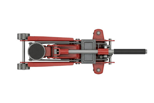 Red hydraulic floor jack for automotive repair