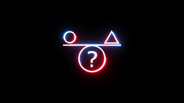 Neon balance scale symbol with circle and triangle geometric shapes on black background.