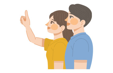 Fototapeta premium 笑顔で上を指さす女性と、その方向を笑顔で見上げる男性のイラスト