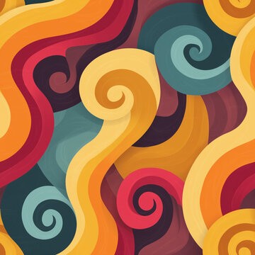 Abstract seamless pattern. Colorful swirls and spirals, wavy ribbons, warm and cold shades. Background for posters, banners, and packaging.