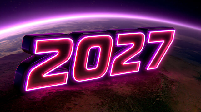Glowing neon 2027 text over planet earth atmosphere with universe, upcoming