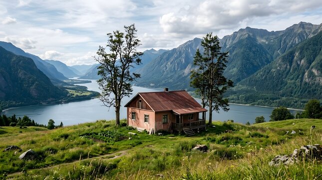 Isolated wooden mountain house between tall trees facing majestic lake and valley horizon.