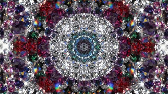 Sparkling kaleidoscope effect of colorful faceted diamonds and glass crystals moving in a high angle abstract geometric pattern