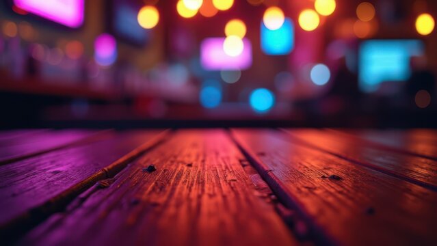 overhead view of rustic wood table with neon reflections and colorful bokeh lights for upscale bar advertisement mockup