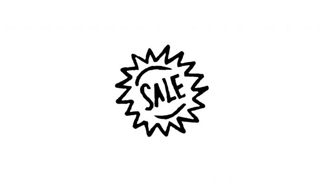 Animated doodle sale price tag badge icon with line boil action. Features 4K frame by frame boiling line animation on black and green screen backgrounds for discount offer, clearance, and promo.