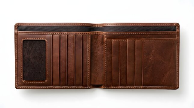 Interior view of open leather wallet featuring identification window and card slots row.