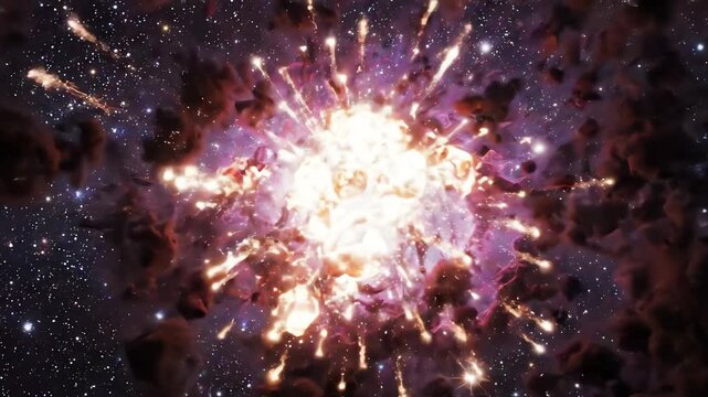 Swirling cosmic dark particles gathering into a massive purple nebula cloud during intense stellar formation and energy explosion in deep space