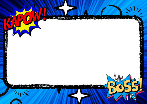 Comic book frame, blue superhero background, blank speech bubble