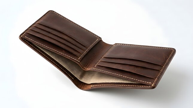 Open brown leather wallet with card slots and fabric lining on a solid white background.