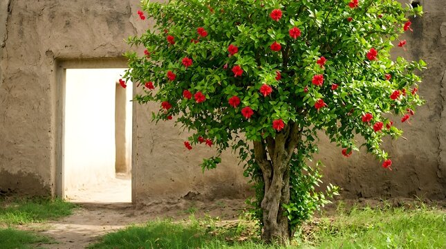 Vibrant red hibiscus flowering tree standing beside old rustic clay house with open doorway.