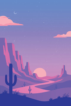 Minimalistic vertical desert landscape with cacti, mountains, plants and stars. Sunset in canyon. Hand drawn style simple shapes vector illustration. Design for poster, postcard. Retro, vintage.