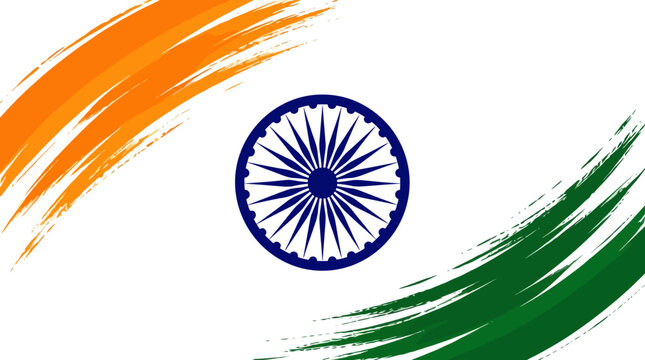 Indian Independence Day celebration artistic brush stroke design featuring tricolor flag elements and Ashoka Chakra symbol for national pride