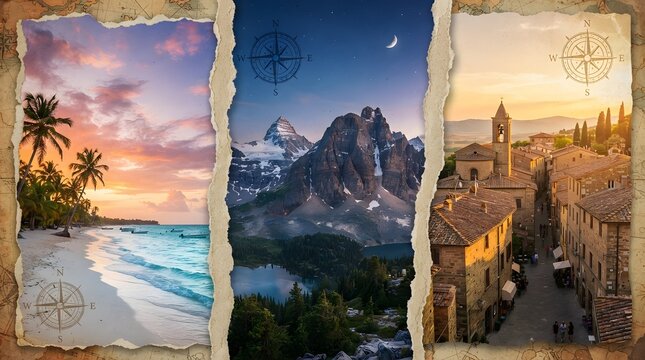 Collage of diverse travel destinations featuring a tropical beach, a majestic mountain range at night, and a charming historic european village street