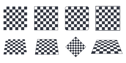 Naklejka premium Checkerboard pattern vector set. Chess board backgrounds, perspective floors and geometric square surfaces. Black and white game board elements for graphic design, textures and illustrations.