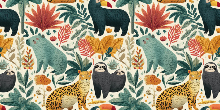 Jungle animals seamless pattern. Cute illustrated leopard, sloth, tapir and toucan with tropical leaves and flowers on light background, kids wildlife cartoon design.