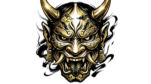 Dark fantasy demonic mask with intricate horned design and glowing eyes isolated on transparent background . Ai Generated