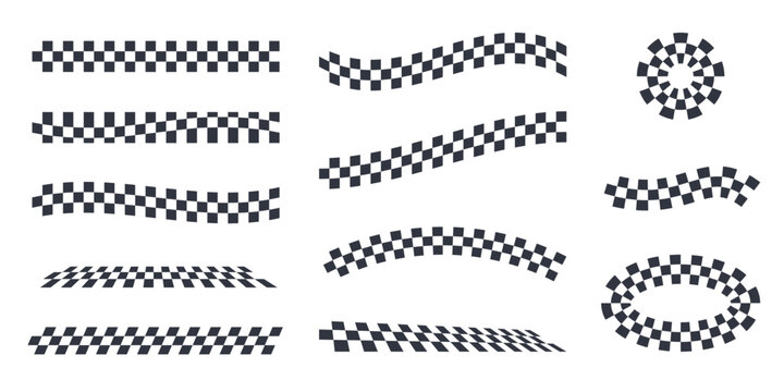 Checkered racing pattern vector set. Wavy checkerboard lines, borders, frames and abstract geometric elements. Black and white finish flag stripes for motorsport, rally, racing and graphic design.
