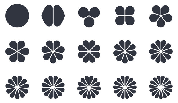 Geometric flower solid vector set. Floral silhouette icons with 1 to 15 petals. Round shapes for infographics, pie charts, diagrams, sacred geometry, decorative patterns and logo design