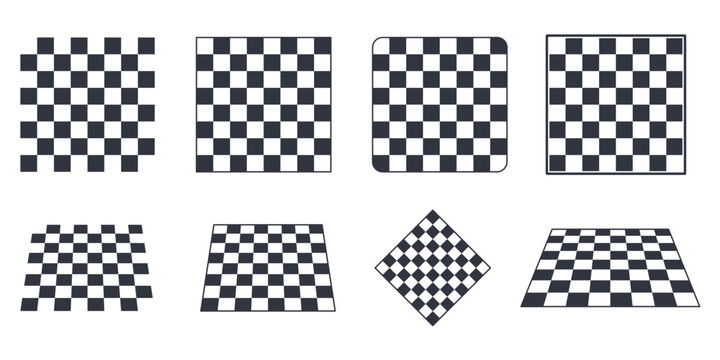 Checkerboard pattern vector set. Chess board backgrounds, perspective floors and geometric square surfaces. Black and white game board elements for graphic design, textures and illustrations.