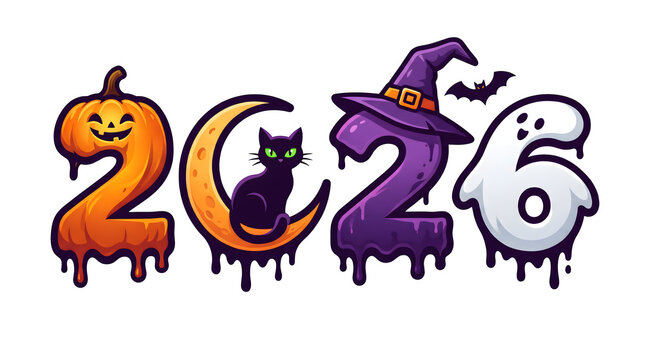 Happy Halloween 2026 festive design featuring a pumpkin cat moon witch hat and ghost isolated on black background