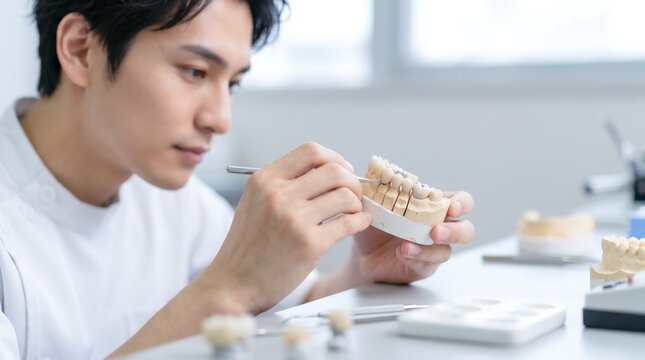歯科技工所で義歯や技工物を真剣な表情で製作する男性歯科技工士
