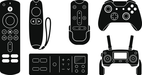 Remote and game controller silhouette icon set featuring smart TV remote, motion-sensing remote, compact controller, dual joystick controller, numeric remote, and drone controller © MK