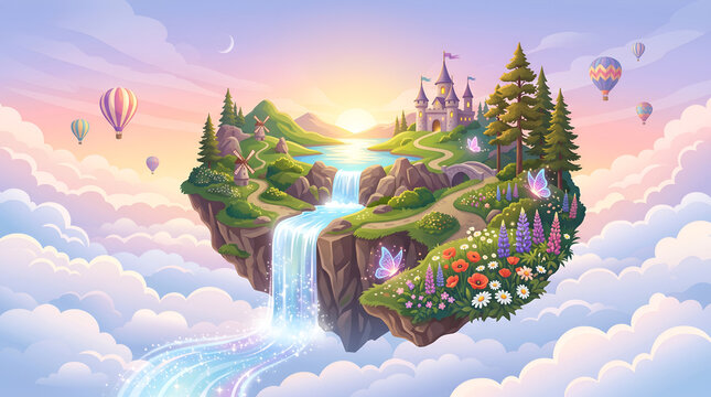 Magical floating island in the clouds with a fairytale castle waterfall and hot air balloons at sunrise