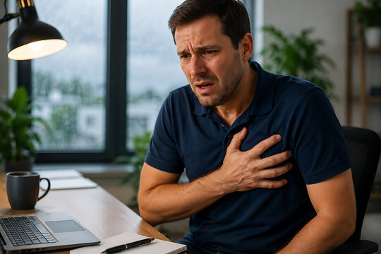 A man in a dark polo shirt sitting at a desk with a laptop looking distressed and holding his chest while experiencing a sudden heart pain