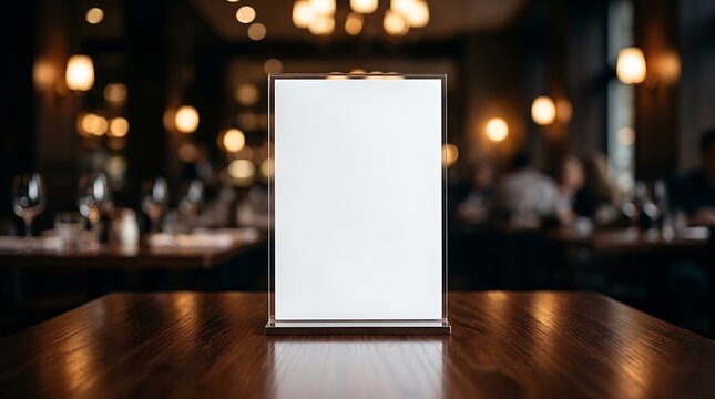 Blank vertical acrylic table tent menu holder on a dark wooden restaurant table, blurred dining room background, with bokeh lights