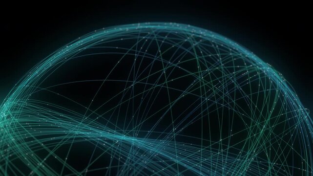Abstract digital network structure illustrating global data flow and interconnected technology. Glowing lines and dots form a sphere, symbolizing worldwide communication, internet connections, and