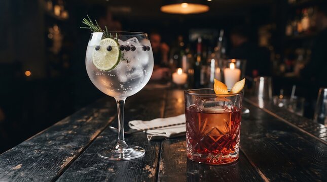 Artistic presentation of classic cocktails on rustic wooden counter featuring gin tonic in stemmed glass and negroni with orange garnish.