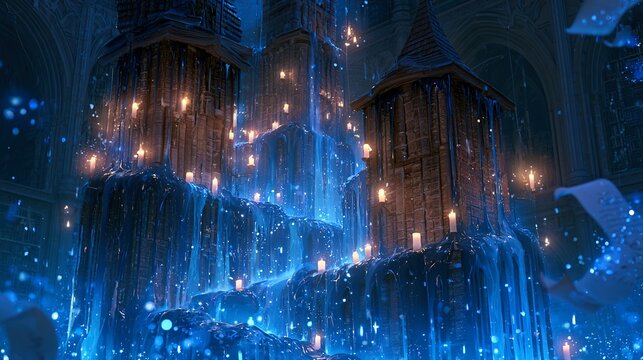 Magical library castle where towers are made of giant ancient books, ink waterfalls glowing with blue light situated under twilight night canopy