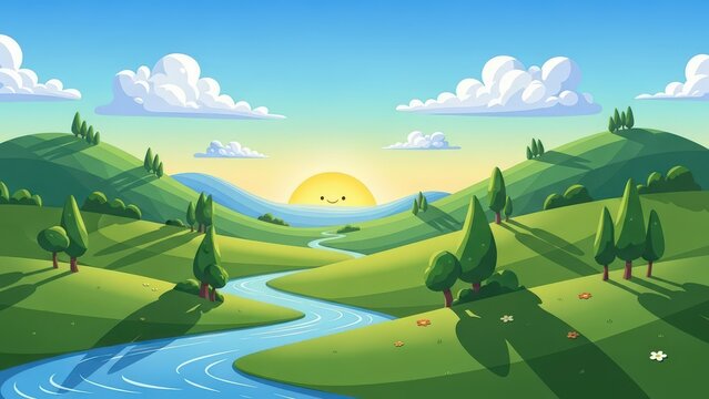 A vibrant cartoon landscape featuring rolling green hills, a winding blue river, fluffy white clouds, and a smiling yellow sun at sunrise