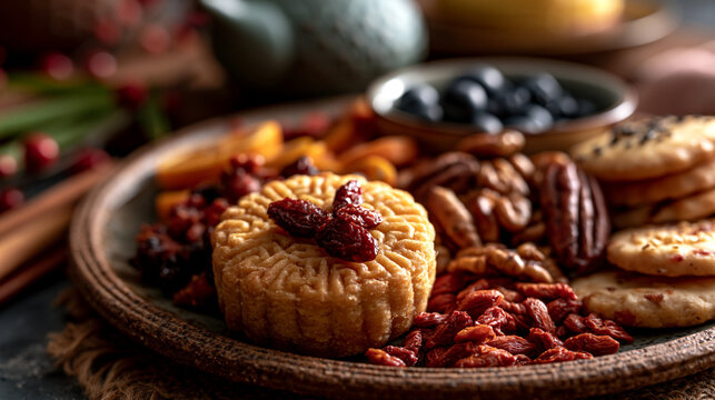 Gourmet cheese platter with nuts dried fruit and crackers on rustic tray