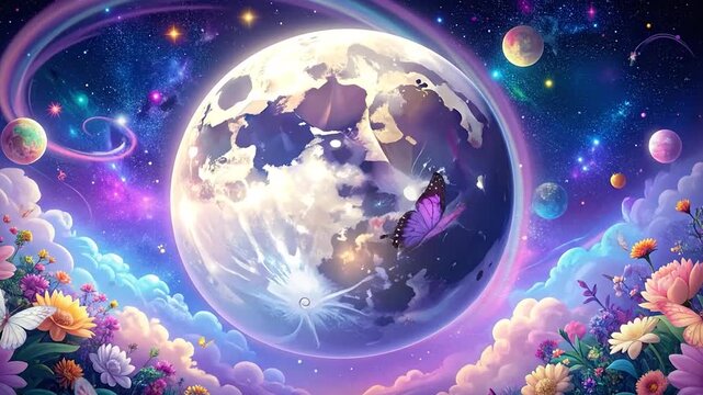 Whimsical moon surrounded by colorful flowers and butterflies.