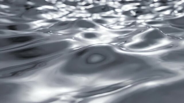 Abstract fluid metallic silver surface with shimmering light reflections flowing across a polished chrome texture in a slow elegant motion