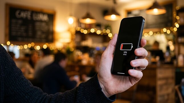 Hand holding a smartphone displaying a low battery with 12 percent charge remaining, set against a blurred cafe interior background