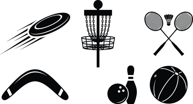 Black vector icons of sports equipment including flying disc, disc golf basket, badminton rackets, boomerang, bowling ball pin, and basketball for design projects