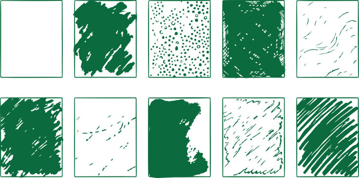Collection of green line art doodle textures including scribbles abstract shapes dots and wavy lines for artistic backgrounds and design elements.